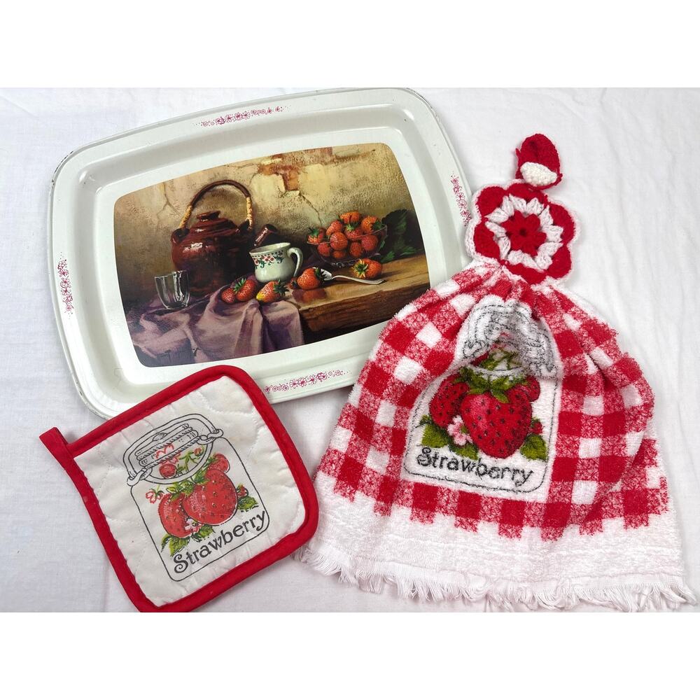 Vintage Serving Tray 1950s with 1970s Strawberry Pot Holder & Hanging Towel